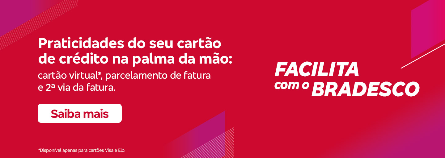 #BradescoAcessível #PraTodoMundoVer: Texto: Praticidades do seu cartão de crédito na palma da mão: cartão virtual*, parcelamento de fatura e 2ª via da fatura. Botão: Saiba mais. Texto legal: *Disponível apenas para cartões Visa e Elo.Imagem: Imagem com fundo em gradiente de vermelho para rosa com um padrão de linhas diagonais no canto superior esquerdo e no centro inferior. No canto direito, há o logo “Facilita com o Bradesco” em letras brancas. Do lado esquerdo vem o texto do anúncio, seguido de botão e texto legal.
          