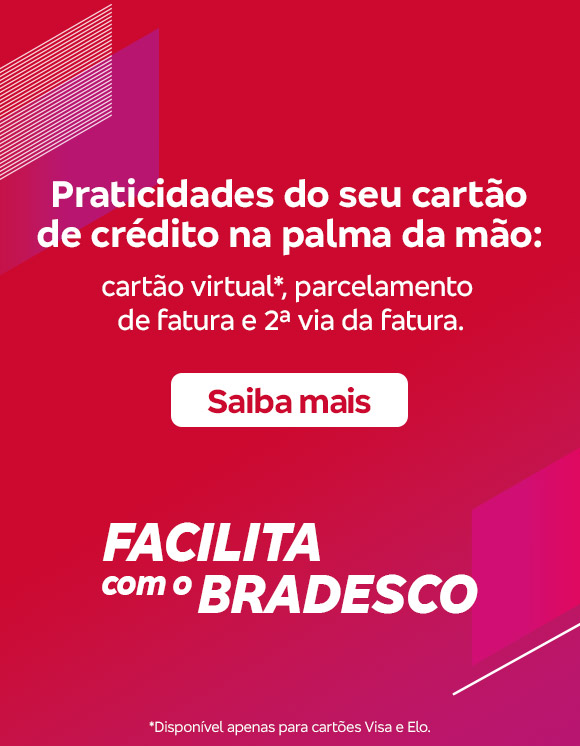 #BradescoAcessível #PraTodoMundoVer:Texto: Praticidades do seu cartão de crédito na palma da mão: cartão virtual*, parcelamento de fatura e 2ª via da fatura. Botão: Saiba mais. Texto legal: *Disponível apenas para cartões Visa e Elo.Imagem: Imagem com fundo em gradiente de vermelho para rosa com um padrão de linhas diagonais no canto superior esquerdo e no centro inferior. No canto direito, há o logo “Facilita com o Bradesco” em letras brancas. Do lado esquerdo vem o texto do anúncio, seguido de botão e texto legal.
          