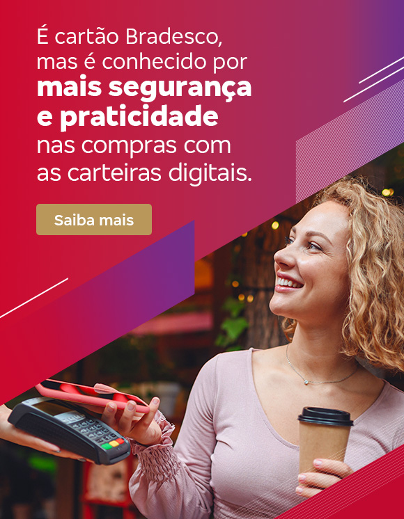 #BradescoAcessível #PraTodoMundoVer:Texto: Texto: É cartão Bradesco, mas é conhecido por mais segurança e praticidade nas compras com as carteiras digitais. Botão: Saiba mais. Imagem: A imagem é dividida em duas partes. À esquerda, o fundo é em degradê vermelho e roxo com linhas diagonais brancas nas laterais. Deste lado está também o texto. À direita, tem a foto de uma mulher realizando um pagamento com o celular, aproximando-o da maquininha.
         