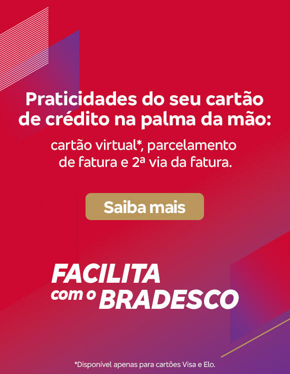 #BradescoAcessível #PraTodoMundoVer: Texto: Praticidades do seu cartão de crédito na palma da mão: cartão virtual*, parcelamento de fatura e 2ª via da fatura. Botão: Saiba mais. Texto legal: *Disponível apenas para cartões Visa e Elo. Imagem: Imagem com fundo vermelho com um padrão de linhas diagonais brancas e grafismos no canto superior esquerdo e centro inferior. No canto direito, há o logo “Facilita com o Bradesco” em letras brancas. Do lado esquerdo, vem o texto do anúncio, seguido de botão e texto legal.
          