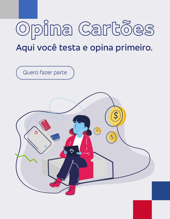 #BradescoAcessivel #ParaTodoMundoVer: em um fundo cinza com pequenos quadrados nos tons cinza, azul e vermelho, do lado direito lemos o seguinte texto: “Opina Cartões. Aqui você testa e opina primeiro.”  Abaixo, temos o botão “Quero fazer parte”. Do lado direito vemos a ilustração de uma mulher sentada em uma caixa com desenhos de cartões e moedas flutuando ao seu redor. Fim da descrição.