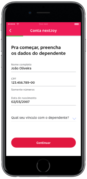 Aplicativo Bradesco na tela do terceiro passo para abertura de conta next joy.